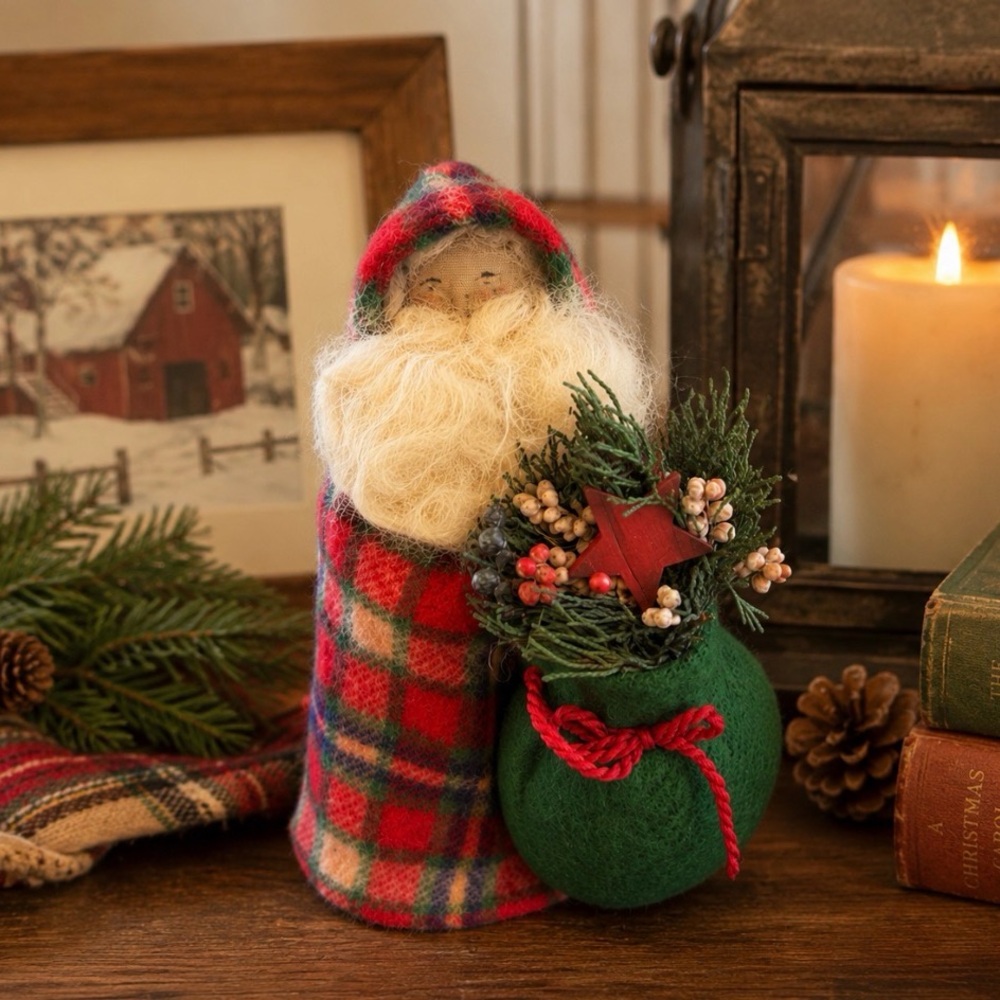 2006 Handmade Folk Art Santa Wool Beard Primitive Christmas Decor Artist Signed